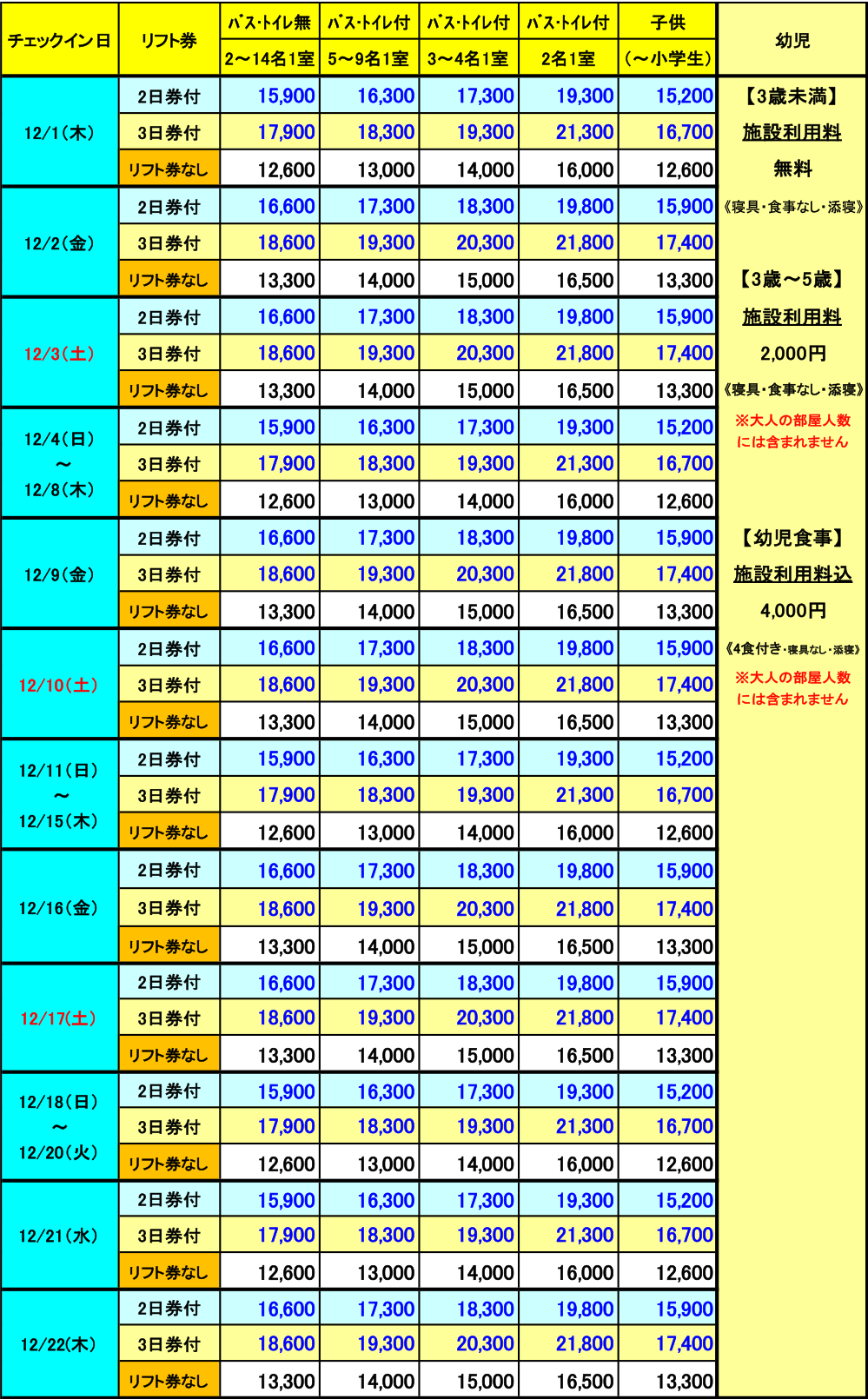 レディダイアナ　初滑り　2泊料金表