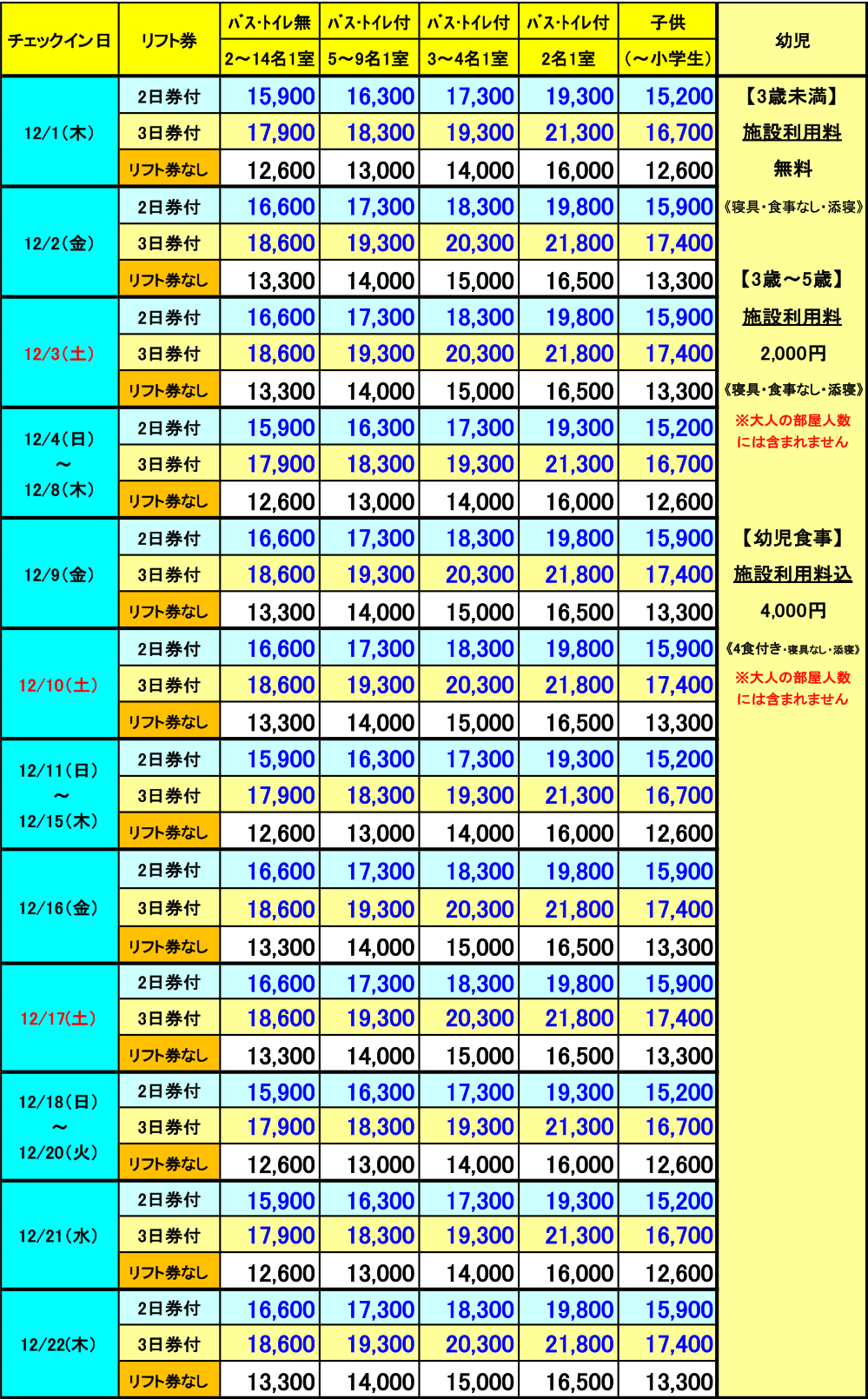 レディダイアナ　初滑り　2泊料金表