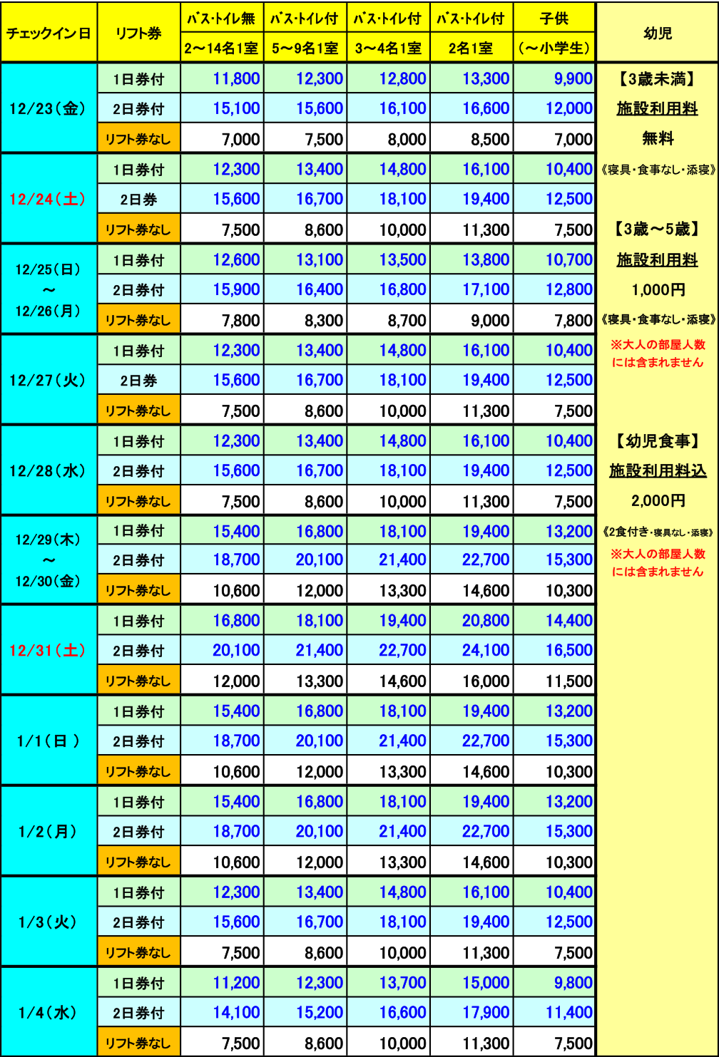レディダイアナ　年末年始　1泊料金表