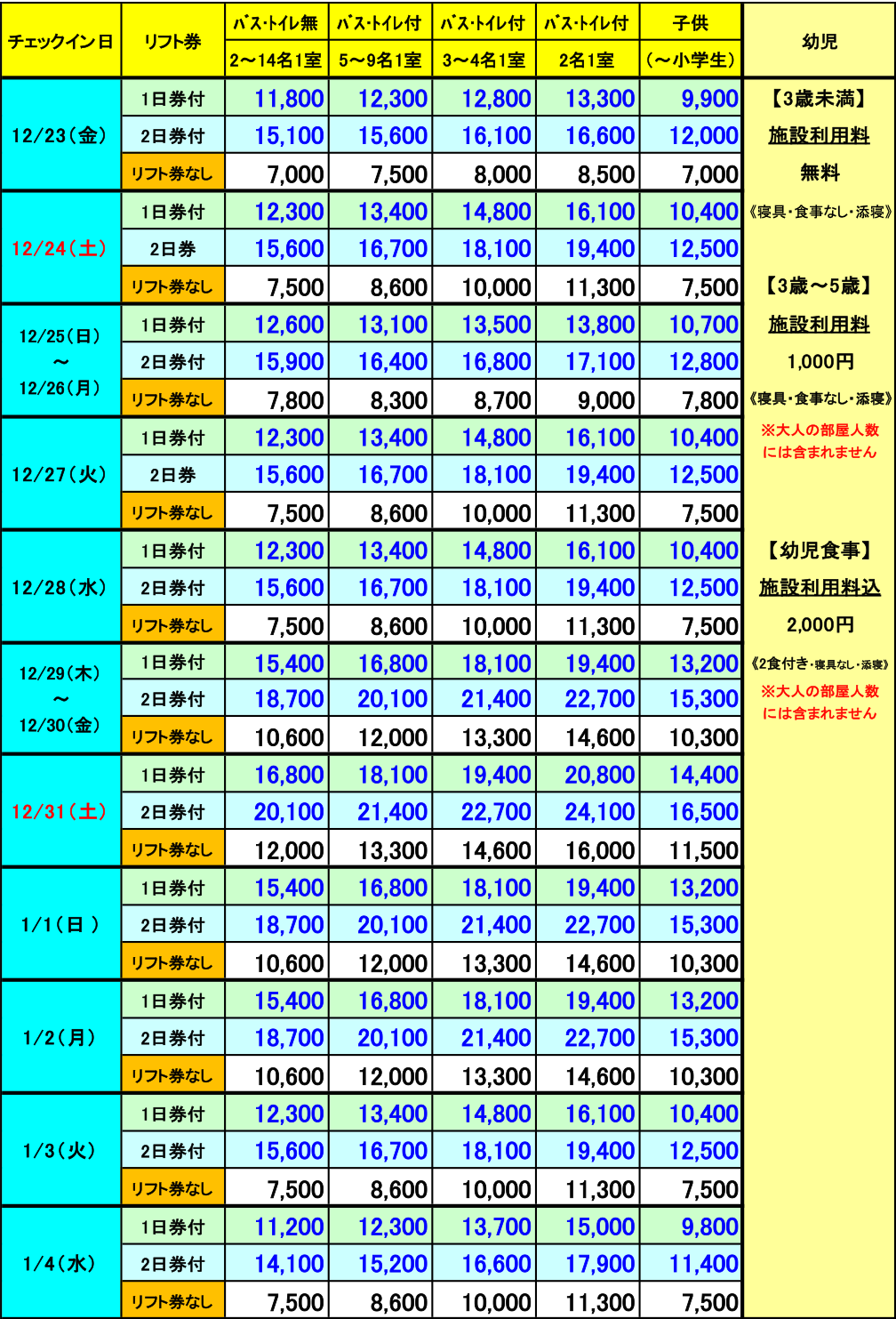 レディダイアナ　年末年始　1泊料金表