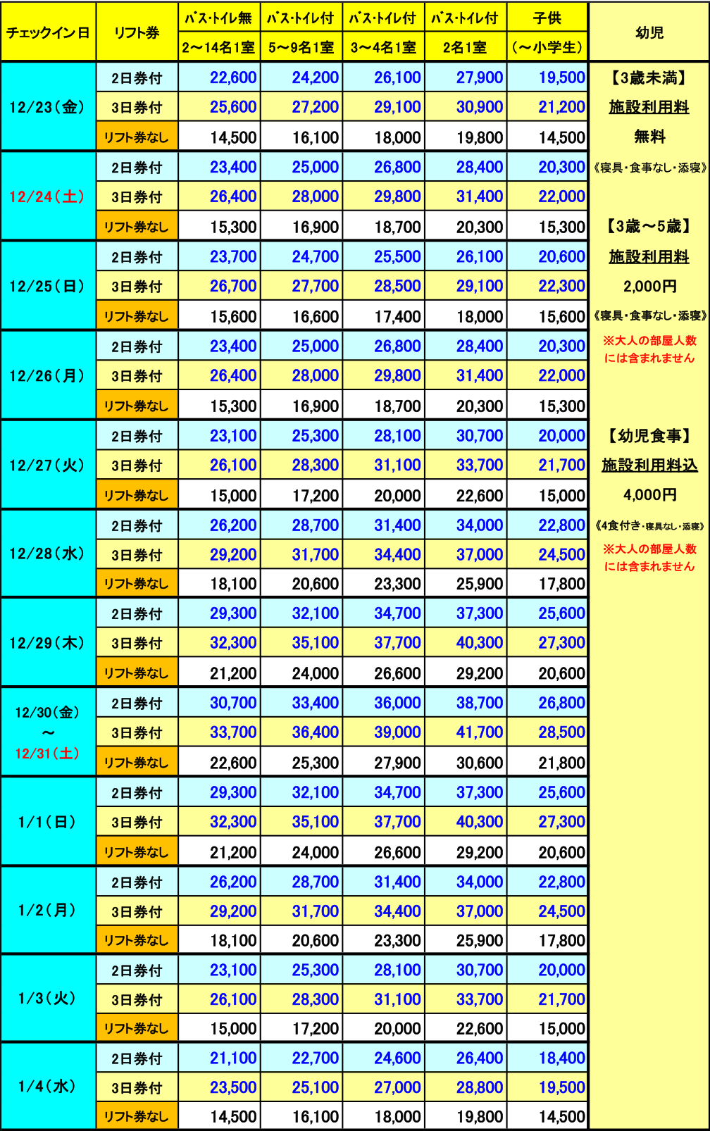 レディダイアナ　年末年始　2泊料金表
