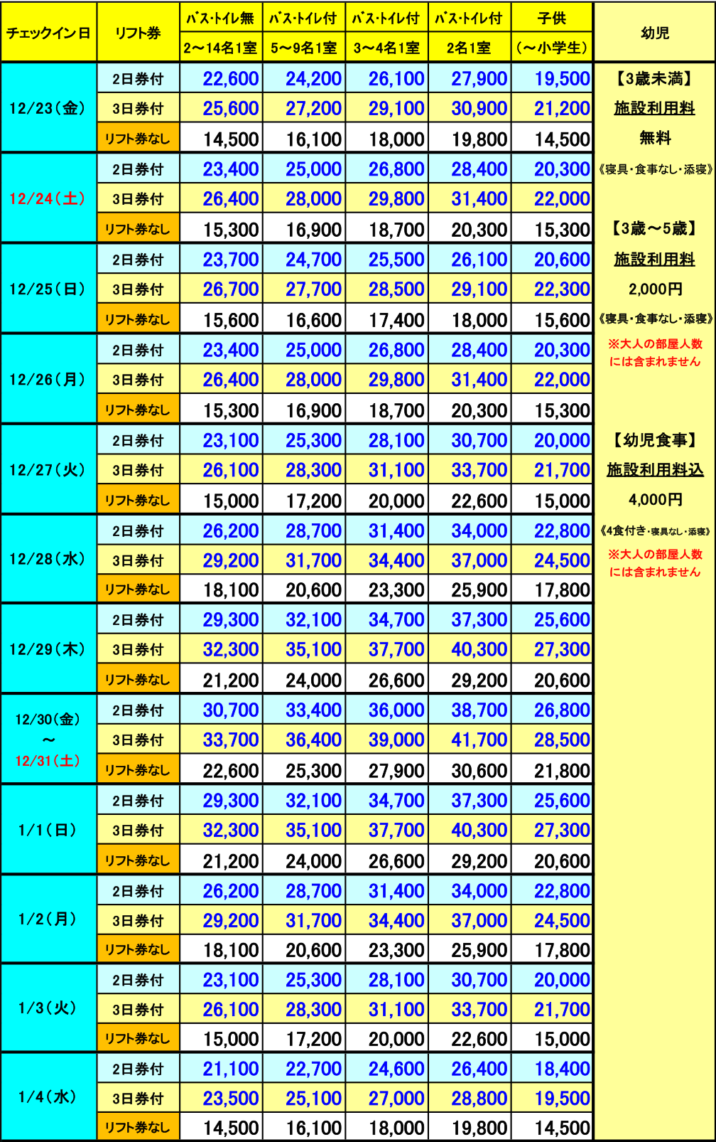 レディダイアナ　年末年始　2泊料金表