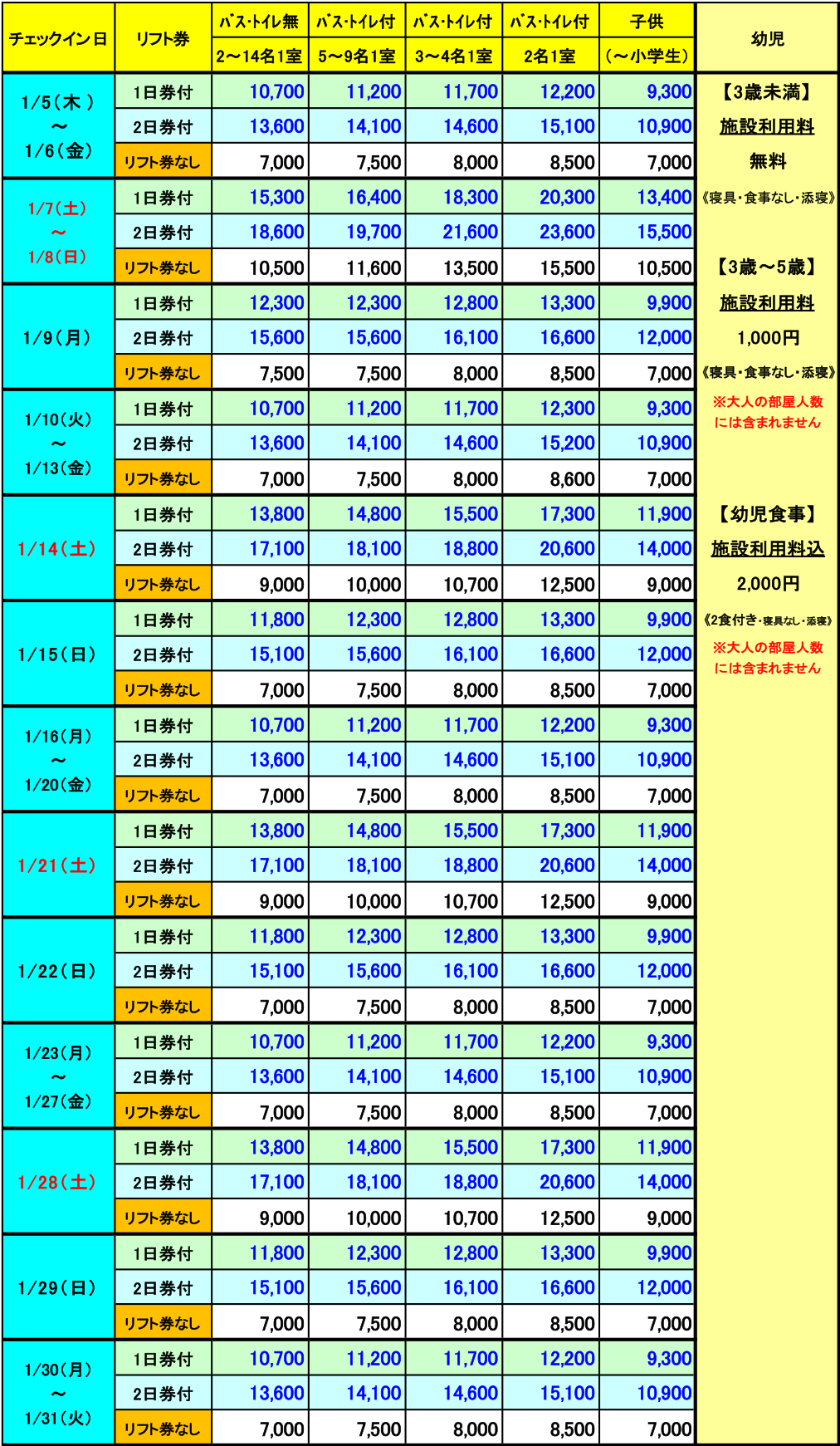 レディダイアナ　1月　1泊料金表