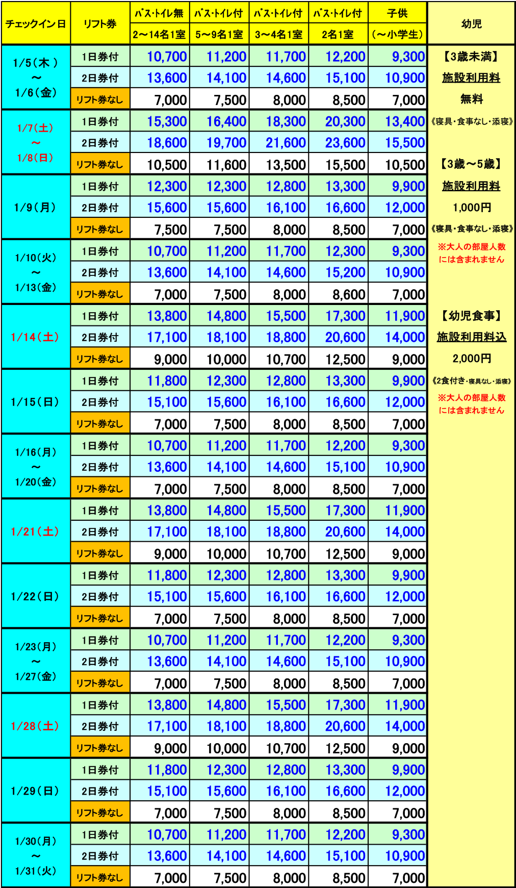 レディダイアナ　1月　1泊料金表