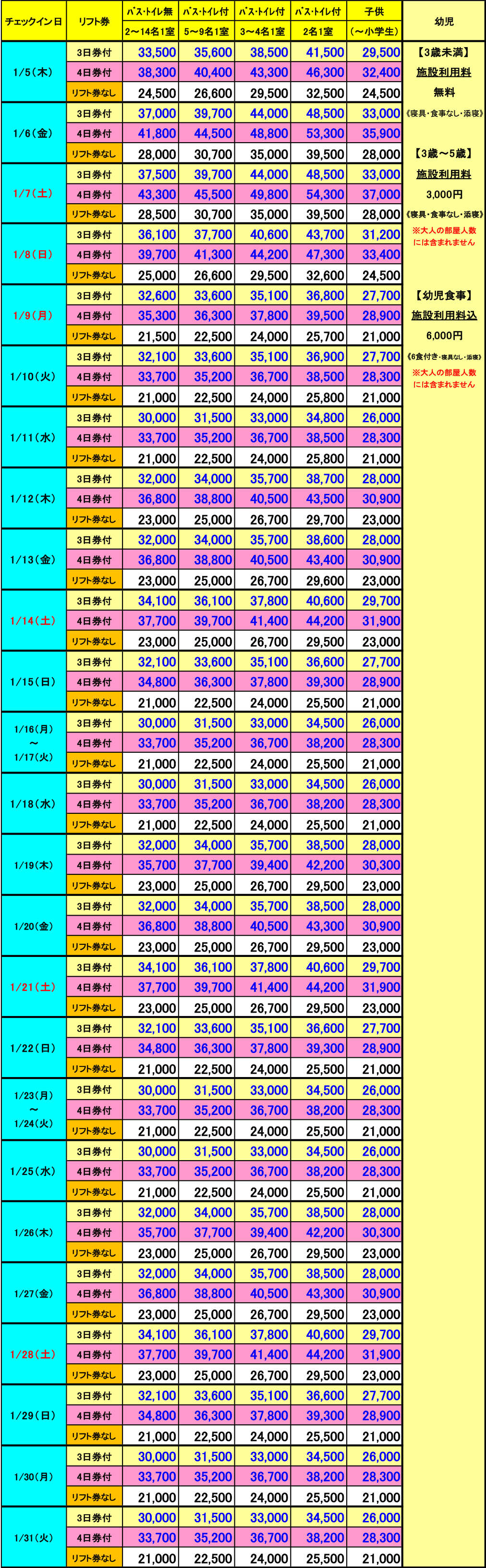レディダイアナ　1月　3泊料金表