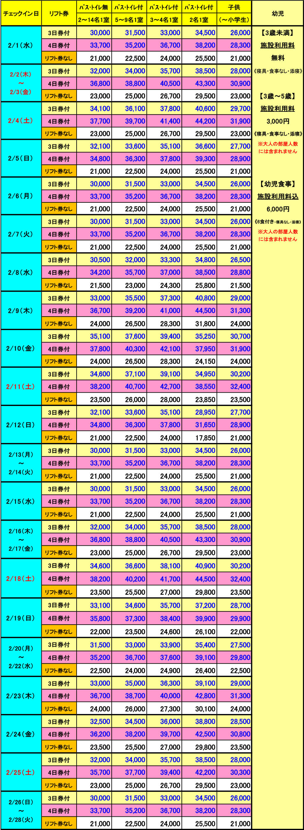 レディダイアナ　2月　3泊料金表
