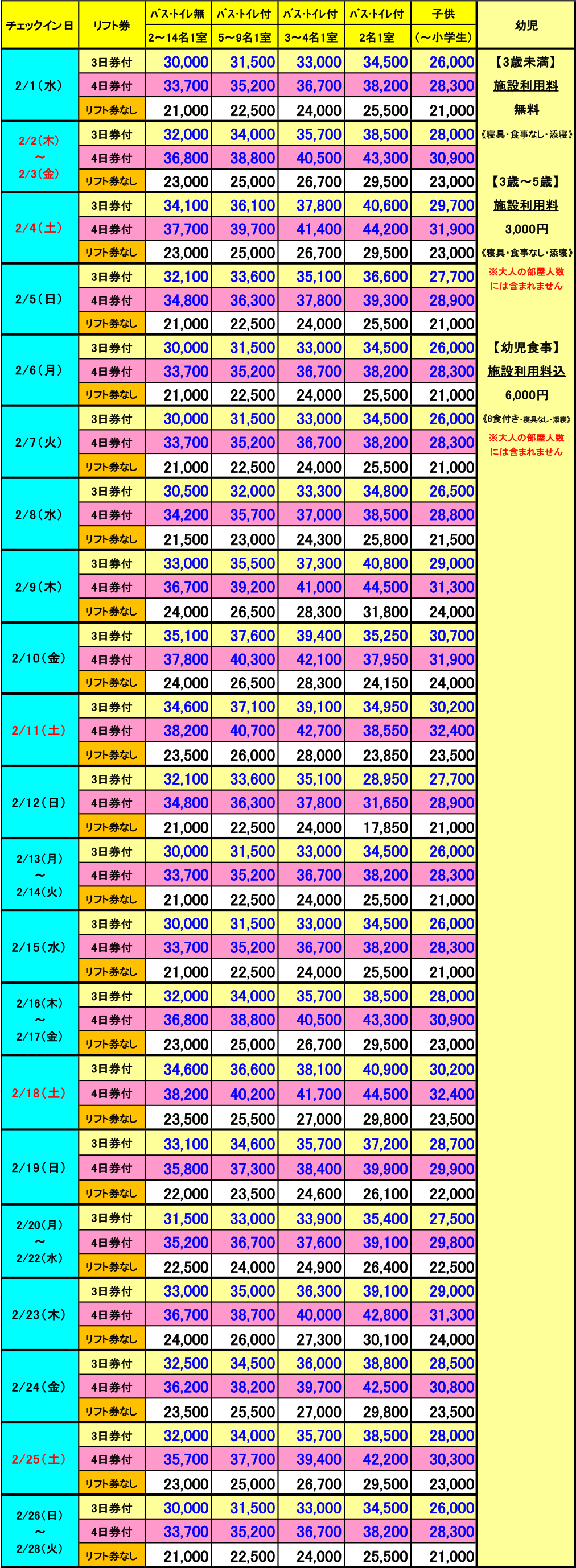 レディダイアナ　2月　3泊料金表