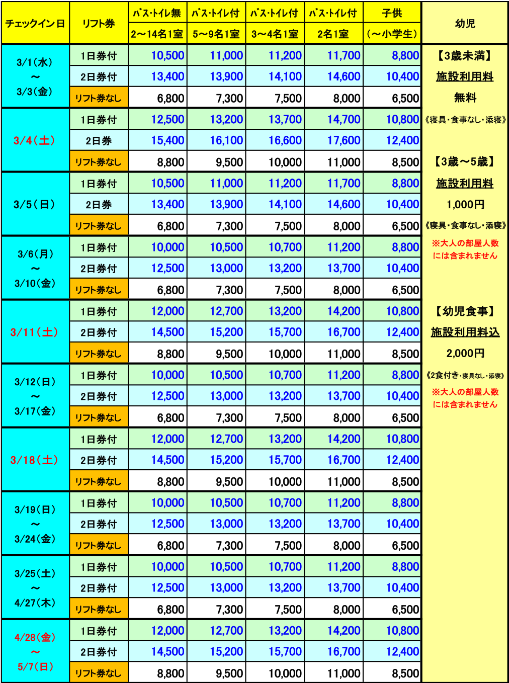 レディダイアナ　3月　1泊料金表