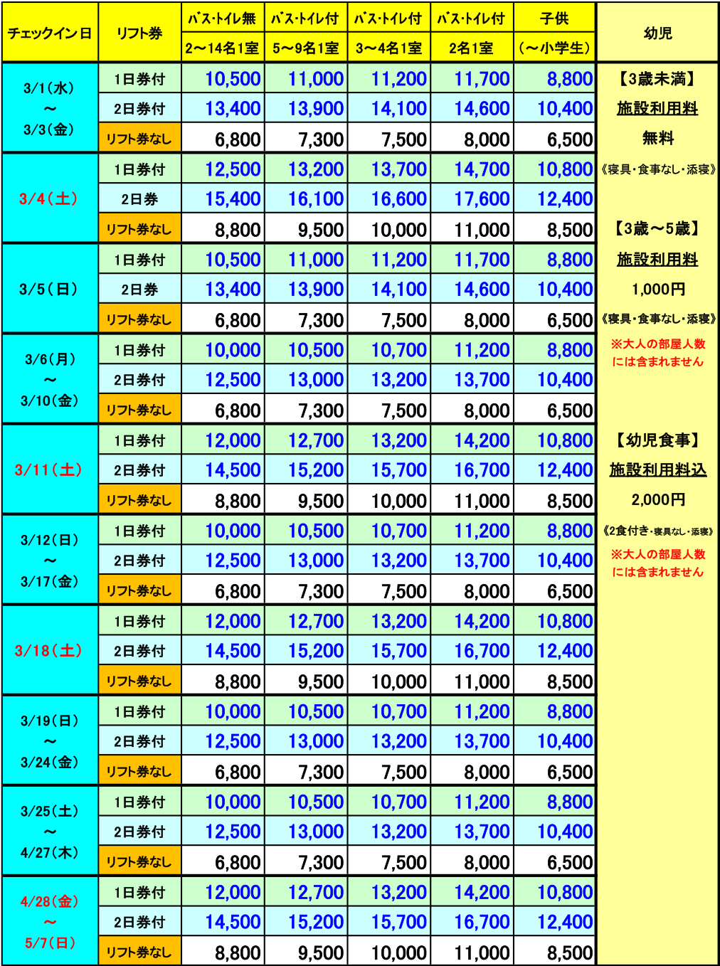 レディダイアナ　3月　1泊料金表