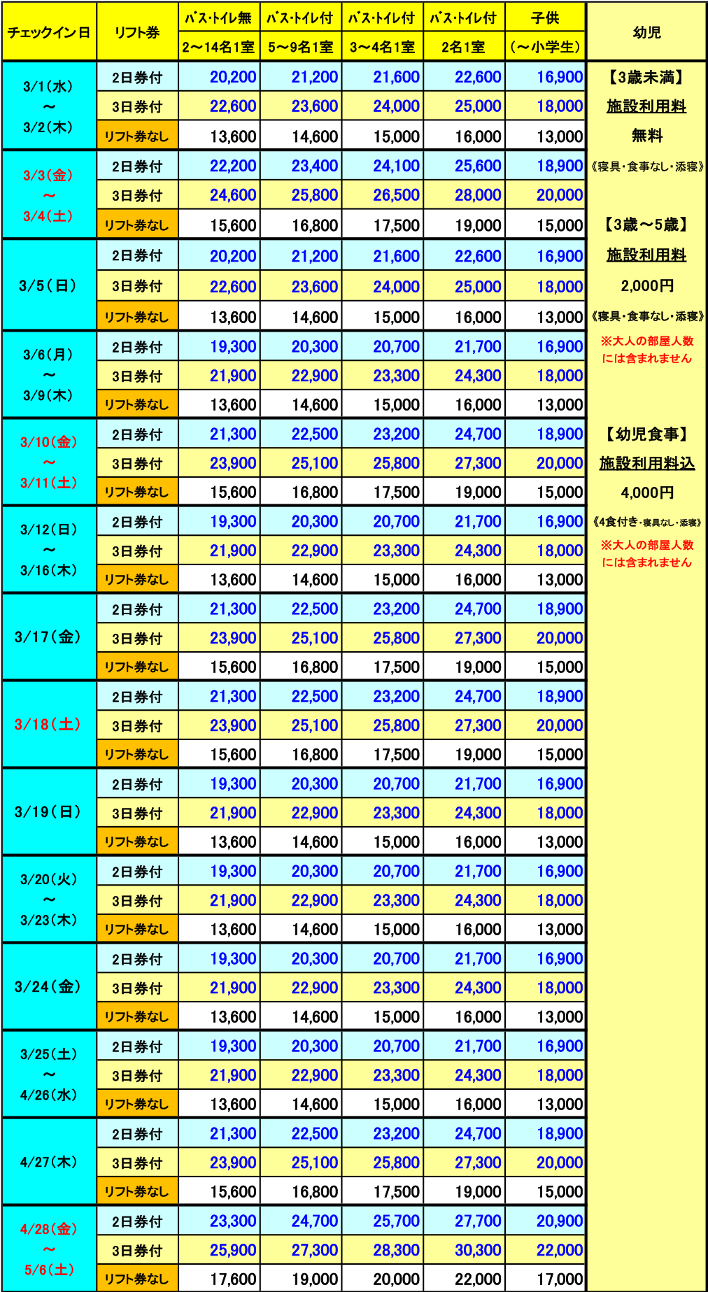 レディダイアナ　3月　2泊料金表