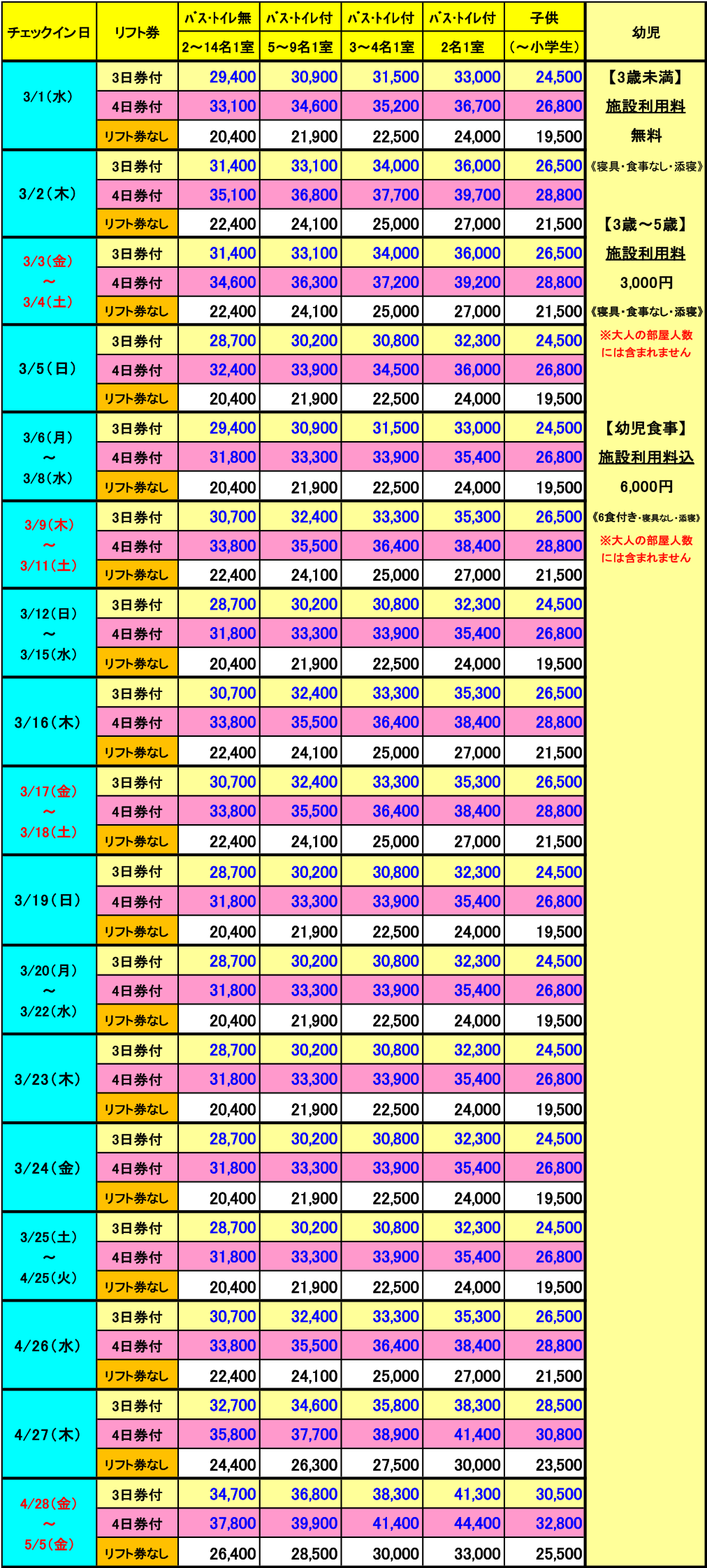 レディダイアナ　3月　3泊料金表