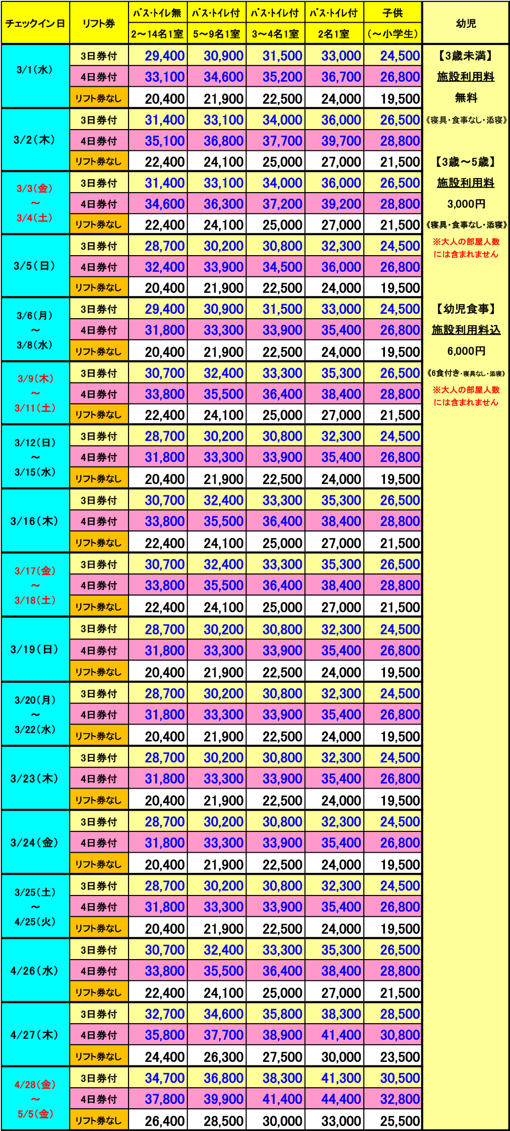 レディダイアナ　3月　3泊料金表
